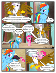 Size: 612x792 | Tagged: safe, artist:newbiespud, edit, edited screencap, screencap, gilda, pinkie pie, rainbow dash, griffon, pegasus, pony, comic:friendship is dragons, g4, the lost treasure of griffonstone, angry, comic, dialogue, female, flying, frown, looking back, looking up, mare, pinkie pie riding gilda, ponies riding griffons, riding, screencap comic, shrug, speech bubble, surprised, worried