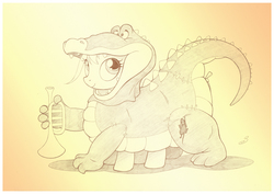 Size: 1073x759 | Tagged: safe, artist:sherwoodwhisper, oc, oc:eri, alligator, mouse, pony, clothes, cosplay, costume, disney, louis, musical instrument, the princess and the frog, traditional art, trumpet