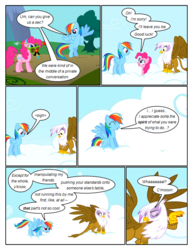 Size: 612x792 | Tagged: safe, artist:newbiespud, edit, edited screencap, screencap, gilda, pinkie pie, rainbow dash, earth pony, griffon, pegasus, pony, comic:friendship is dragons, g4, griffon the brush off, cloud, comic, dialogue, eyes closed, female, flying, grin, groucho mask, looking down, looking up, mare, on a cloud, screencap comic, sigh, smiling, wide eyes
