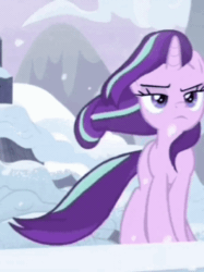Size: 269x359 | Tagged: dead source, safe, editor:php178, screencap, starlight glimmer, pony, unicorn, g4, season 9, the ending of the end, animated, badass, cropped, epic, female, frown, gif, lidded eyes, mare, serious, serious face, snow, solo, windswept mane