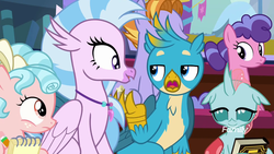 Size: 1600x900 | Tagged: safe, screencap, auburn vision, berry blend, berry bliss, cozy glow, gallus, ocellus, silverstream, classical hippogriff, griffon, hippogriff, a matter of principals, g4, book, friendship student