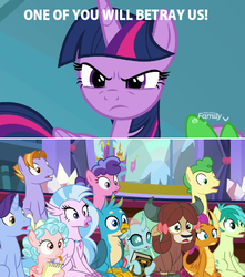 Size: 800x904 | Tagged: safe, edit, edited screencap, screencap, auburn vision, berry blend, berry bliss, cozy glow, gallus, huckleberry, november rain, ocellus, sandbar, silverstream, smolder, twilight sparkle, yona, alicorn, classical hippogriff, griffon, hippogriff, pony, yak, a matter of principals, g4, comic, friendship student, one of these things is not like the others, screencap comic, student six, traitor, twilight sparkle (alicorn)