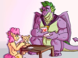 Size: 2560x1907 | Tagged: safe, artist:shepherd228666, li'l cheese, spike, dragon, g4, the last problem, female, filly, food, gigachad spike, male, older, older spike, plushie, smiling, tea, tea party, teddy bear, uncle spike, winged spike, wings