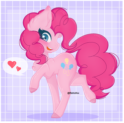 Size: 1080x1068 | Tagged: safe, artist:ramufuu, pinkie pie, earth pony, pony, g4, blushing, chest fluff, colored hooves, cute, diapinkes, ear fluff, female, heart, mare, pictogram, profile, solo, speech bubble