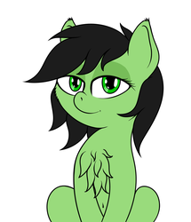 Size: 894x1041 | Tagged: safe, artist:shpoople, oc, oc only, oc:filly anon, earth pony, pony, belly button, cheek fluff, chest fluff, ear fluff, female, filly, lidded eyes, looking at you, simple background, sitting, smiling, solo, white background
