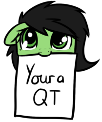 Size: 633x757 | Tagged: safe, artist:neuro, edit, oc, oc only, oc:filly anon, earth pony, pony, female, filly, looking at you, mouth hold, paper, qt, simple background, solo, text, transparent background