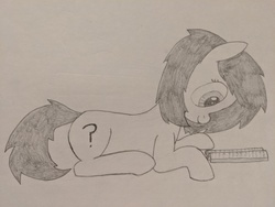 Size: 4032x3024 | Tagged: safe, artist:craftycirclepony, oc, oc only, oc:filly anon, earth pony, pony, book, female, filly, lineart, lying down, prone, question mark, reading, simple background, smiling, solo, traditional art, white background