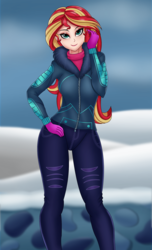 Size: 1057x1736 | Tagged: safe, artist:anonix123, sunset shimmer, human, equestria girls, equestria girls series, g4, my little pony equestria girls: holidays unwrapped, spoiler:eqg series (season 2), clothes, female, gloves, human coloration, humanized, jacket, looking at you, outdoors, pants, smiling, solo, winter, winter jacket, winter outfit