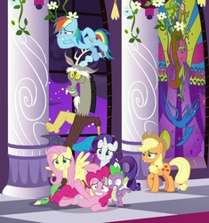 Size: 653x694 | Tagged: safe, screencap, applejack, discord, fluttershy, pinkie pie, rainbow dash, rarity, spike, dragon, g4, the summer sun setback, canterlot castle, covering, cropped, pose, smiling, window, winged spike, wings