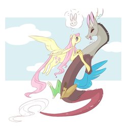 Size: 1200x1200 | Tagged: safe, artist:khilx, discord, fluttershy, g4, blushing, duo, female, flying, implied angel bunny, male, ship:discoshy, shipping, signature, sky, straight, thought bubble