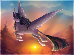Size: 1600x1200 | Tagged: safe, artist:lou1911, twilight sparkle, alicorn, pony, g4, cheek fluff, chest fluff, curved horn, dawn, female, flying, forest, horn, leonine tail, mare, signature, smiling, solo, sunrise, twilight sparkle (alicorn), unshorn fetlocks