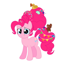 Size: 3000x3000 | Tagged: safe, artist:squipycheetah, pinkie pie, duck, earth pony, pony, g4, the last problem, candy, candy in hair, female, food, happy, high res, lollipop, looking at you, older, older pinkie pie, rubber duck, simple background, smiling, solo, teddy bear, transparent background