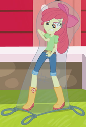 Size: 1155x1698 | Tagged: safe, screencap, apple bloom, equestria girls, equestria girls specials, g4, my little pony equestria girls: better together, my little pony equestria girls: holidays unwrapped, the cider louse fools, angry, apple bloom's bow, barn, boots, bow, caught, clothes, cropped, hair bow, jeans, net, pants, shoes