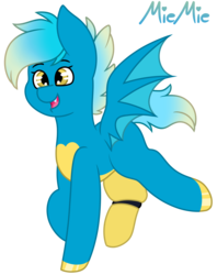 Size: 1526x1925 | Tagged: safe, artist:calibykitty, oc, oc only, oc:miemie, bat pony, pony, amputee, bat pony oc, bat wings, chest marking, female, gradient eyes, gradient mane, gradient tail, happy, legs in air, legs raised, mare, open mouth, pale belly, prosthetic leg, prosthetic limb, prosthetics, simple background, solo, spread wings, transparent background, wings
