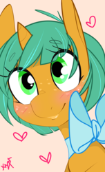 Size: 3100x5100 | Tagged: safe, artist:kryptchild, snails, pony, unicorn, g4, alternate hairstyle, bow, cute, female, glitter shell, green eyes, happy, heart, lip gloss, makeup, neck bow, smiling, solo, trans female, transgender