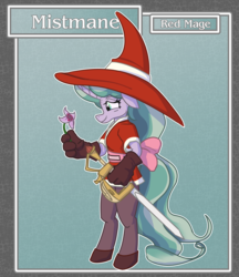 Size: 1688x1950 | Tagged: safe, artist:brownie-bytes, mistmane, anthro, unguligrade anthro, g4, clothes, crossover, fantasy class, final fantasy, hat, mistmane's flower, rapier, red mage, solo, sword, weapon