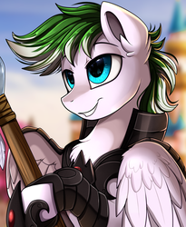 Size: 1446x1764 | Tagged: safe, artist:pridark, oc, oc only, oc:loyal wing, pegasus, pony, bust, clothes, cute, handsome, male, portrait, smiling, solo