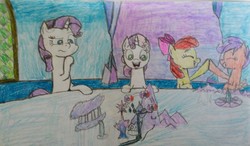 Size: 2790x1627 | Tagged: safe, artist:someguy458, apple bloom, rarity, scootaloo, sweetie belle, earth pony, pegasus, pony, unicorn, series:rubyandfriends, g4, cutie map, cutie mark crusaders, story, story in the source, summoning, traditional art, twilight's castle
