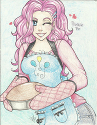 Size: 1700x2195 | Tagged: safe, artist:kimicookie, pinkie pie, human, g4, apron, clothes, female, grin, humanized, one eye closed, oven mitts, smiling, solo, traditional art, wink