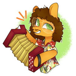 Size: 1000x1000 | Tagged: safe, artist:onionpwder, cheese sandwich, earth pony, pony, g4, 80s, accordion, alternate hairstyle, facial hair, glasses, male, moustache, musical instrument, simple background, solo, stallion, weird al yankovic, white background