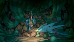 Size: 4444x2500 | Tagged: safe, artist:batonya12561, queen chrysalis, changeling, changeling queen, pony, fanfic:off the mark, g4, chains, crown, exoskeleton, fanfic art, female, imprisoned, jewelry, knitting, long scarf, prison, regalia, rock floor, solo, transparent wings, wings, yarn, yarn ball