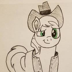 Size: 894x894 | Tagged: safe, artist:polar_storm, braeburn, earth pony, pony, g4, clothes, cowboy hat, green eyes, hat, male, partial color, simple background, sketch, solo, stallion, stetson, traditional art, vest, white background