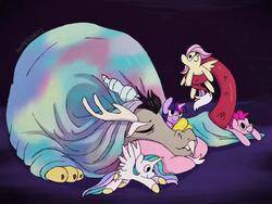 Size: 1024x768 | Tagged: safe, artist:incendiarymoth, discord, fluttershy, pinkie pie, princess celestia, twilight sparkle, alicorn, draconequus, earth pony, pegasus, pony, unicorn, g4, blanket, plushie, sleeping