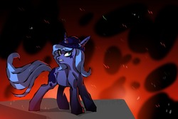 Size: 1280x854 | Tagged: safe, artist:nokrats, part of a set, princess luna, pony, unicorn, g4, beanie, coat markings, female, gritted teeth, hat, mare, missing cutie mark, s1 luna, solo, wingless