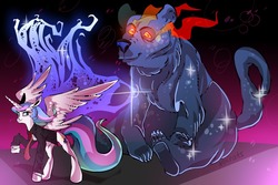 Size: 1280x854 | Tagged: safe, artist:nokrats, part of a set, princess celestia, alicorn, bear, pony, ursa, ursa minor, g4, alternate cutie mark, clothes, crossover, duo, female, glowing eyes, looking at you, mare, missing accessory, raised hoof, smiling, spread wings, suit, wings
