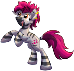 Size: 2734x2627 | Tagged: safe, artist:tiothebeetle, oc, oc only, oc:zjin-wolfwalker, zebra, series:random gifting is magic, cutie mark, ear piercing, earring, high res, jewelry, mohawk, open mouth, piercing, quadrupedal, rearing, simple background, smiling, stripes, transparent background