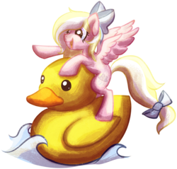 Size: 3105x2965 | Tagged: safe, artist:tiothebeetle, oc, oc only, oc:bay breeze, pony, series:random gifting is magic, beady eyes, bow, cutie mark, floating, high res, pointing, rubber duck, smiling, solo, water