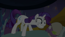 Size: 1920x1080 | Tagged: safe, screencap, rarity, spike, dragon, pony, unicorn, dragon dropped, g4, season 9, bed, duo, faic, female, hat, male, mare, neck, nightcap, out of context, rapeface, smiling, spike's bed, spike's room, stranger danger, winged spike, wings, you know for kids