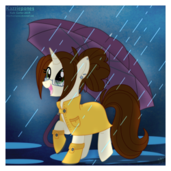 Size: 1024x1024 | Tagged: safe, artist:kazziepones, oc, oc only, oc:hazel, pony, unicorn, ear piercing, female, glasses, hoof boots, mare, piercing, rain, raincoat, solo, umbrella