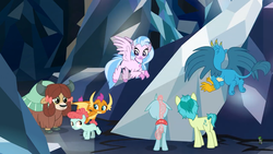 Size: 1280x720 | Tagged: safe, screencap, ballet jubilee, gallus, ocellus, sandbar, silverstream, smolder, yona, changedling, changeling, classical hippogriff, dragon, earth pony, griffon, hippogriff, pony, yak, g4, the ending of the end, leak, bow, butt, cloven hooves, colored hooves, dragoness, female, filly, flying, gallass, hair bow, jewelry, male, monkey swings, necklace, paw pads, paws, plot, quadrupedal, student six, teenager, wings