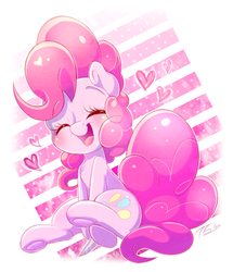Size: 601x700 | Tagged: safe, artist:tamabel, pinkie pie, earth pony, pony, g4, abstract background, blushing, cute, diapinkes, eyes closed, female, heart, knife, mare, open mouth, pinkamena diane pie, sitting, smiling, underhoof