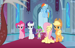 Size: 1125x720 | Tagged: safe, screencap, applejack, discord, fluttershy, pinkie pie, rarity, spike, dragon, earth pony, pegasus, pony, unicorn, g4, the ending of the end, leak, angry, applejack's hat, canterlot throne room, cowboy hat, eyes closed, hat, offscreen character, sad, spike is not amused, unamused, upset, winged spike, wings