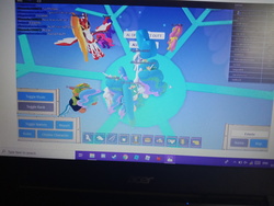 Size: 4160x3120 | Tagged: safe, daybreaker, fluttershy, princess celestia, pony, g4, celestellation, crystal empire, multeity, photo, picture of a screen, roblox, roleplay is magic, screenshots, too many celestia
