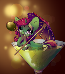 Size: 1200x1357 | Tagged: safe, artist:28gooddays, oc, oc only, oc:buggy code, pony, unicorn, cocktail, cocktail glass, cocktail umbrella, cup, cup of pony, female, glasses, mare, micro, mouth hold, olive, simple background, solo, ych result