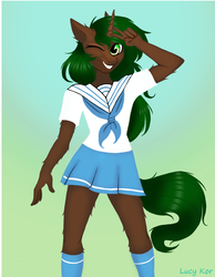 Size: 911x1175 | Tagged: source needed, useless source url, safe, artist:lucykor, oc, oc:pine shine, anthro, blouse, clothes, scarf, school uniform, socks, solo