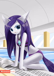 Size: 1200x1688 | Tagged: safe, artist:howxu, rarity, unicorn, anthro, plantigrade anthro, g4, adorasexy, belly button, bikini, clothes, cute, eyeshadow, female, floppy ears, looking at you, makeup, midriff, sexy, solo, swimsuit, wet, wet mane, wet mane rarity