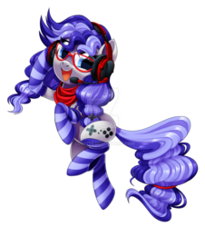 Size: 1024x1131 | Tagged: safe, artist:centchi, oc, oc only, oc:cinnabyte, earth pony, pony, clothes, deviantart watermark, earth pony oc, female, glasses, headphones, mare, obtrusive watermark, pigtails, simple background, socks, solo, striped socks, transparent background, watermark