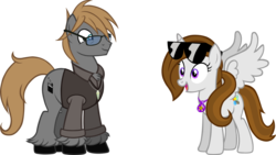 Size: 2000x1125 | Tagged: safe, artist:theeditormlp, oc, oc only, oc:elementa shine, oc:the editor, alicorn, earth pony, pony, clothes, female, glasses, male, mare, shirt, simple background, stallion, sunglasses, sweater vest, transparent background, vector