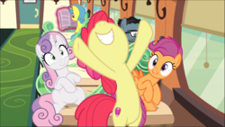 Size: 1566x882 | Tagged: safe, screencap, apple bloom, scootaloo, sweetie belle, earth pony, pegasus, pony, unicorn, g4, growing up is hard to do, bipedal, bow, cropped, cute, cutie mark, cutie mark crusaders, female, friendship express, hair bow, hind legs, hooves in air, mare, nose in the air, older, older apple bloom, older cmc, older scootaloo, older sweetie belle, sitting, smiling, the cmc's cutie marks, trio focus, underhoof