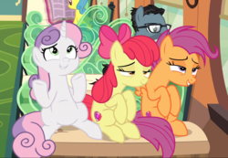 Size: 1138x788 | Tagged: safe, screencap, apple bloom, down under, lemon hearts, scootaloo, sweetie belle, earth pony, pegasus, pony, unicorn, g4, growing up is hard to do, belly, cropped, cute, cutie mark, cutie mark crusaders, female, lidded eyes, mare, older, older apple bloom, older cmc, older scootaloo, older sweetie belle, sitting, smiling, the cmc's cutie marks, trio focus