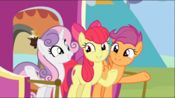 Size: 1564x884 | Tagged: safe, screencap, apple bloom, scootaloo, sweetie belle, earth pony, pegasus, pony, unicorn, g4, growing up is hard to do, bow, cropped, cute, cutie mark, cutie mark crusaders, female, friendship express, hair bow, happy, looking at each other, mare, older, older apple bloom, older cmc, older scootaloo, older sweetie belle, raised hoof, smiling, the cmc's cutie marks, trio, underhoof