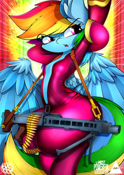 Size: 3500x4950 | Tagged: safe, artist:ahekao, rainbow dash, pegasus, semi-anthro, comic:the most powerful adventure, g4, absolute cleavage, arm hooves, bodysuit, breasts, chestbreasts, cleavage, female, gun, machine gun, mare, mg-42, open mouth, pose, sexy, solo, spread wings, stretching, stupid sexy rainbow dash, tight clothing, weapon, wings
