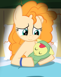 Size: 4000x5000 | Tagged: safe, artist:ace play, apple bloom, pear butter, earth pony, pony, g4, absurd resolution, adorabloom, baby, baby apple bloom, baby pony, bed, birth, cute, duo, female, foal, hospital bed, messy mane, mother and daughter, newborn, pearabetes, show accurate, vector, younger