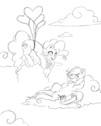 Size: 4093x5116 | Tagged: safe, artist:faline-art, pinkie pie, rainbow dash, pegasus, pony, g4, armpits, balloon, bubble, bubble pipe, cloud, female, floating, lineart, mare, monochrome, smiling, then watch her balloons lift her up to the sky
