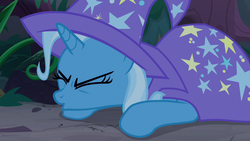 Size: 1280x720 | Tagged: safe, screencap, trixie, pony, unicorn, g4, student counsel, cape, clothes, eyes closed, female, forest, hat, mare, prone, solo, spitting, trixie's cape, trixie's hat
