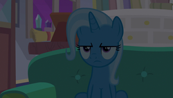 Size: 1280x720 | Tagged: safe, screencap, trixie, pony, unicorn, g4, student counsel, couch, female, frown, lidded eyes, mare, sitting, solo, trixie is not amused, unamused